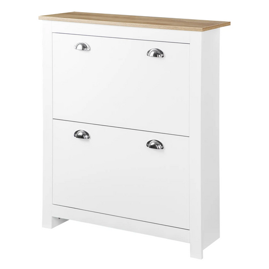 HOMCOM 2 Drawer Shoe Cabinet Modern Narrow Shoe Cupboard Hallway Wooden Storage Organiser with Flip Doors Adjustable Shelf for 12 Pairs White