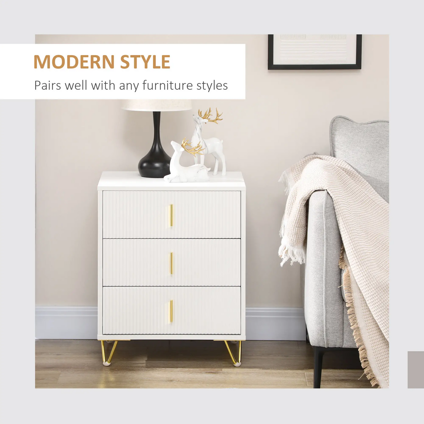 HOMCOM Elegant Chest of Three Drawers - White/Gold-Tone
