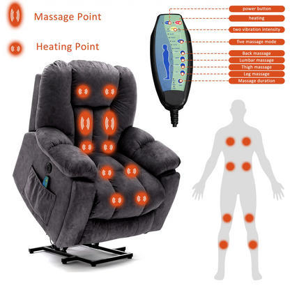 Power Lift Elektrischer Relaxsessel mit Wärme und Vibration, Massagesessel mit USB-Anschlüssen und Seitentaschen, Einfache Montage, 100x95x105 cm, Grau