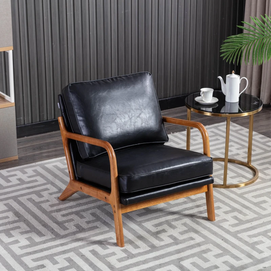 Modern Accent Armchair with Wooden Frame, Soft Cushion, Mid-Century Style, Comfy Chair for Bedroom, Living Room, 65x80x76 cm, Black