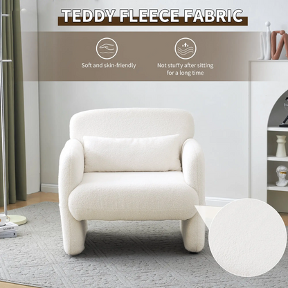 Upholstered Teddy Fabric Occasional Chair with Solid Wood Frame, Comfy Lounge Chair for Living Room, Bedroom, 87x88x77 cm, White