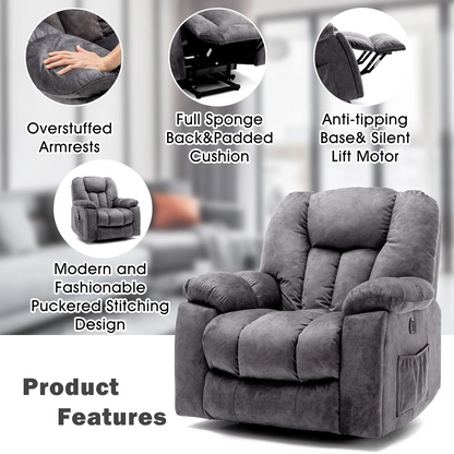 Power Lift Elektrischer Relaxsessel mit Wärme und Vibration, Massagesessel mit USB-Anschlüssen und Seitentaschen, Einfache Montage, 100x95x105 cm, Grau