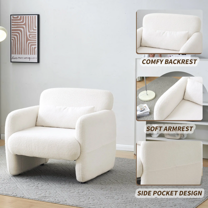 Upholstered Teddy Fabric Occasional Chair with Solid Wood Frame, Comfy Lounge Chair for Living Room, Bedroom, 87x88x77 cm, White