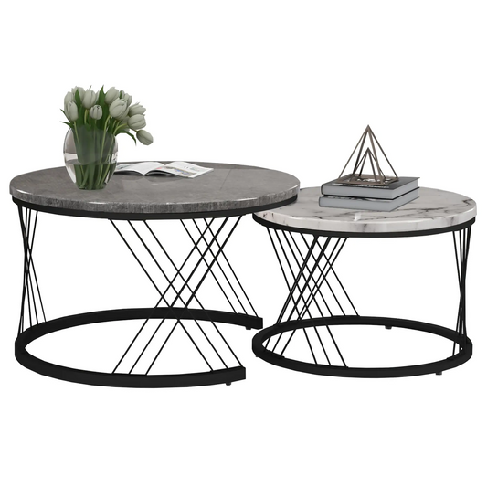 Set of 2 Modern Nesting Marble Coffee Tables with Metal Frame, Space-Saving Design, 70x70x45 cm and 44.5x44.5x38 cm, Grey