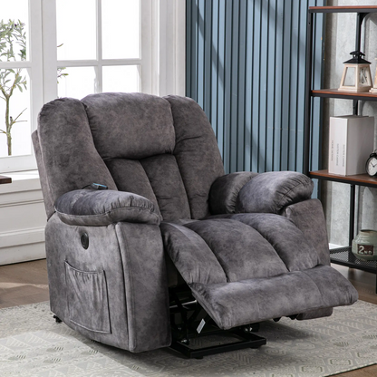 Power Lift Elektrischer Relaxsessel mit Wärme und Vibration, Massagesessel mit USB-Anschlüssen und Seitentaschen, Einfache Montage, 100x95x105 cm, Grau