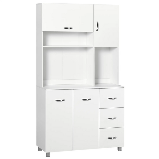 HOMCOM Kitchen Cupboard, 183cm Tall Storage Cabinet with Countertop, Sideboard with 3 Drawers, 4 Doors and Open Shelves, 100W x 39.5D x 183.5H cm, White
