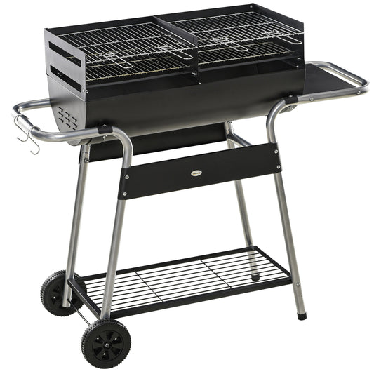 Outsunny Charcoal Barbecue Grill BBQ Trolley with Double Grill, Side Table, Storage Shelf, and Wheels for Outdoor Cooking, 130 x 51 x 111cm, Black 4