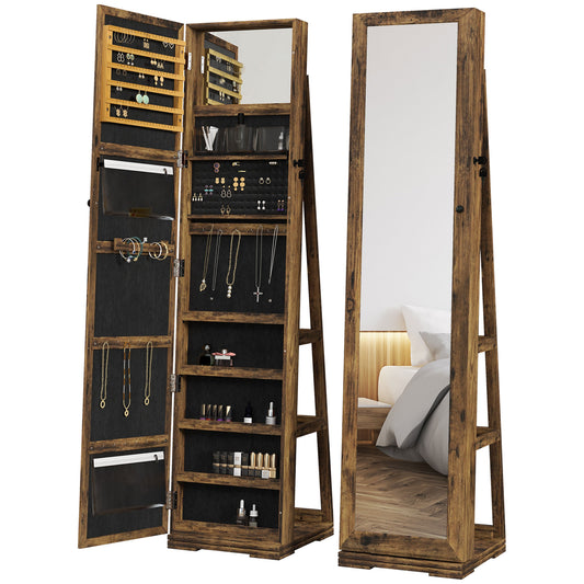HOMCOM 360° Swivel Jewellery Cabinet, Mirror Armoire, Full Length Mirror, Lockable Jewellery Organiser with Built-In Small Mirror, Rustic Brown #10 Top Sellingin Mirrors