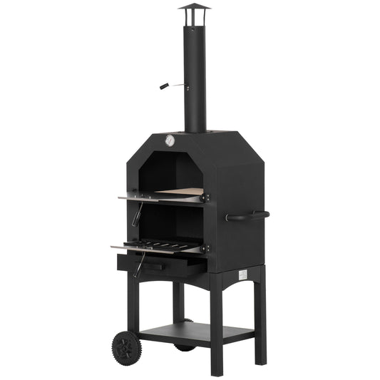 Outsunny Outdoor Garden Pizza Oven Charcoal BBQ Grill 3-Tier Freestanding w/ Chimney, Mesh Shelf, Thermometer Handles, Wheels Garden Party Gathering Stainless Steel Cooker #8 Top Sellingin Charcoal Grills 4.9