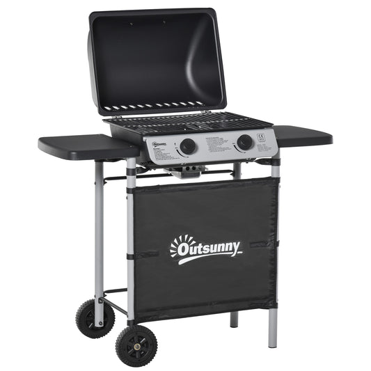 Outsunny 2 Burner Gas BBQ Trolley with Lid, 5.6 kW Gas Barbecue Grill with Wheels, Side Shelves, Black #8 Top Sellingin Gas BBQs 4.3