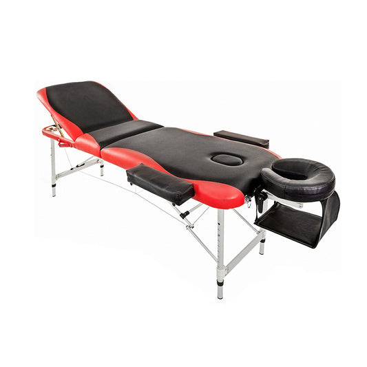 Portable Aluminium Massage Table, 3-Section Foldable Couch Bed with Adjustable Headrest, Arm Support, and Carrying Bag, Black+Red 5