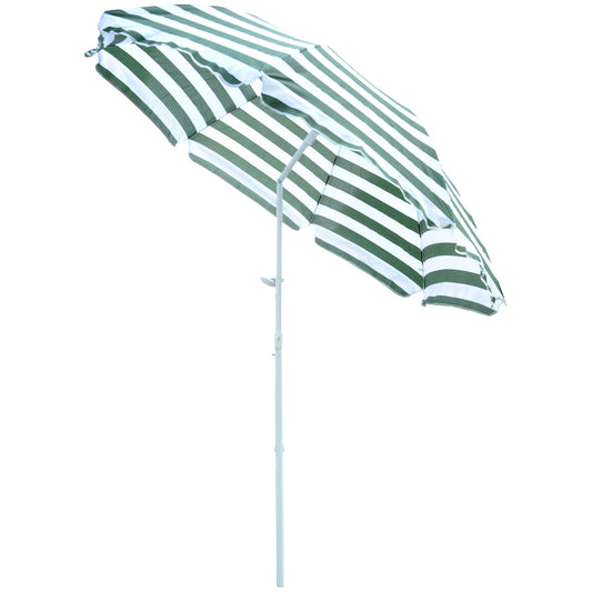 Outsunny 1.8m Beach Parasol Umbrella with Tilt Canopy, Lightweight Patio Garden Sunshade with 8 Ribs, Green & White Stripe 4.8
