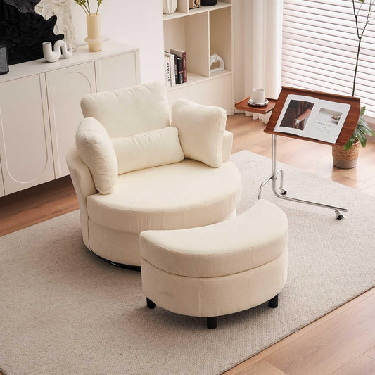 Chenille Swivel Armchair with 3 Back Cushions and Crescent Ottoman Stool, 360° Swivel Recliner Sofa, 107L x 105W x 82H cm, Ivory