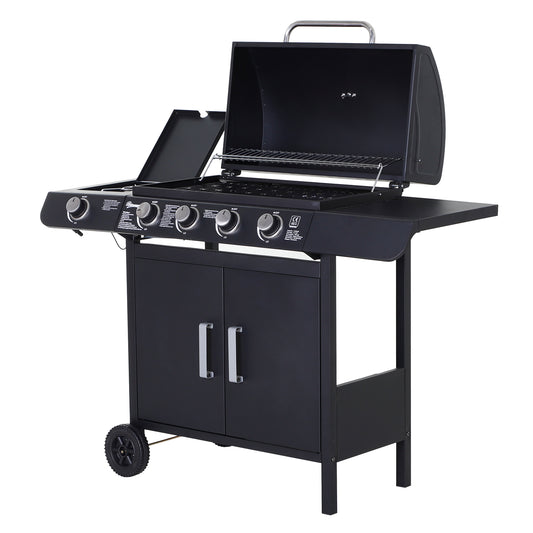 Outsunny 4+1 Burner Gas BBQ Grill, Outdoor Barbecue Trolley with Wheels, Warming Rack, Side Shelves, Cabinet, Thermometer for Garden, Party, Camping, 125 L x 51 W x 100 H cm, Black #5 Top Sellingin Barbecues 4.7