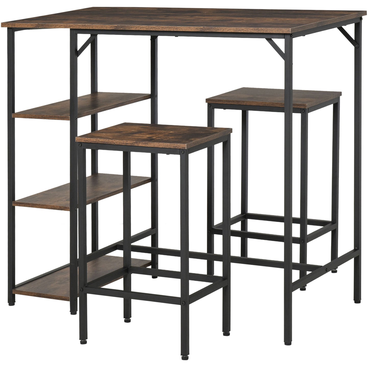 HOMCOM Industrial Bar Height Dining Table Set With 2 Stools & Side Shelf, 3 Pieces Coffee Table for Dining Room, Kitchen, Dinette 4.8