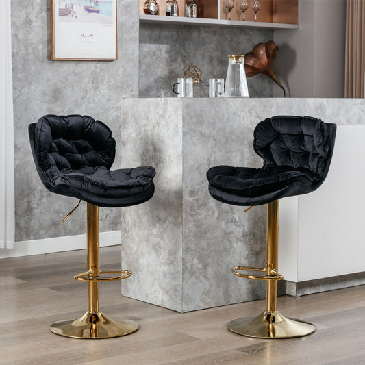 Set of 2 Adjustable Breakfast Bar Stools with Rolling Edge Backrest, Gold Legs, and 360° Rotatable Seat, Load-Bearing up to 136 kg, Black