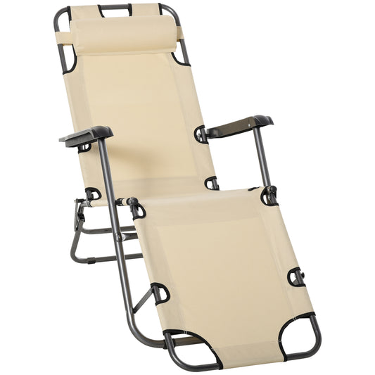 Outsunny Outdoor Folding Sun Lounger with Face Hole, 4 Level Adjustable Backrest Reclining Garden Lounger, Garden Recliner Sunbed with 600 D Oxford Cloth Seat and Pillow for Beach, Beige 4.7