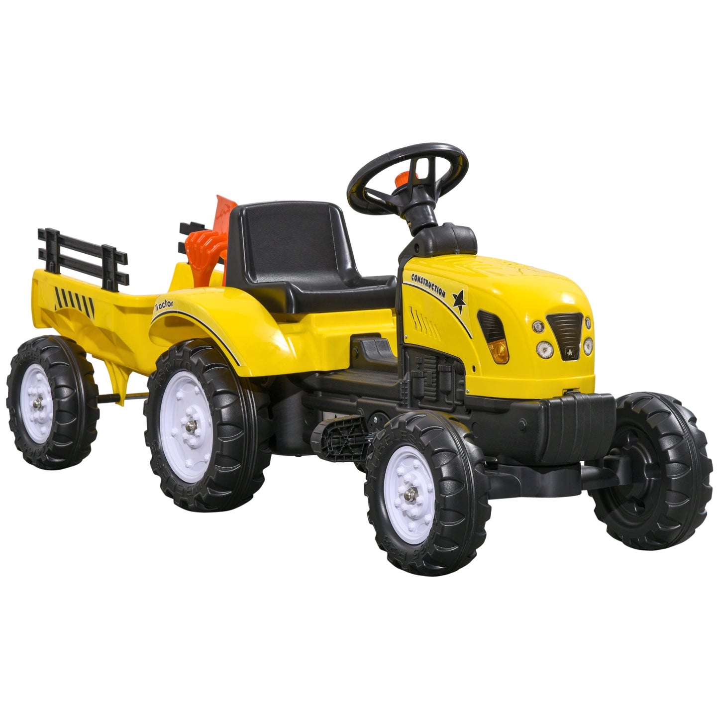 HOMCOM Pedal Go Kart, Kids Ride on Tractor with Back Trailer, Shovel & Rake, Horn, Four Wheels Tractor Toy for Child Toddler 4.9