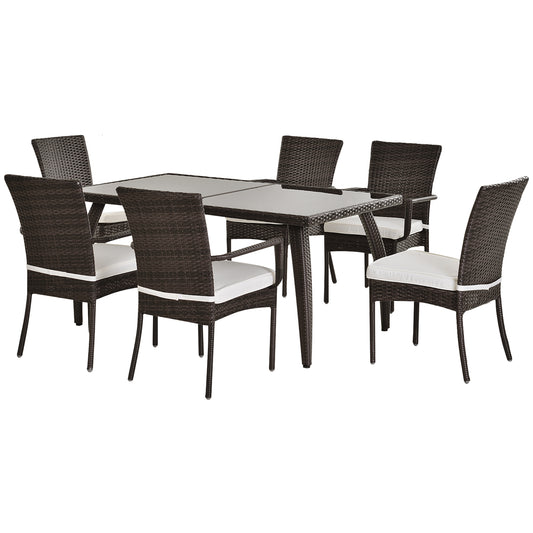 Outsunny 6 Seater Rattan Dining Set with Cushions, Rattan Garden Furniture Set, Outdoor Dining Table and Chairs with 6 Stackable Armchairs, Rectangular Glass Top Table for Patio, Balcony, Brown 4.8