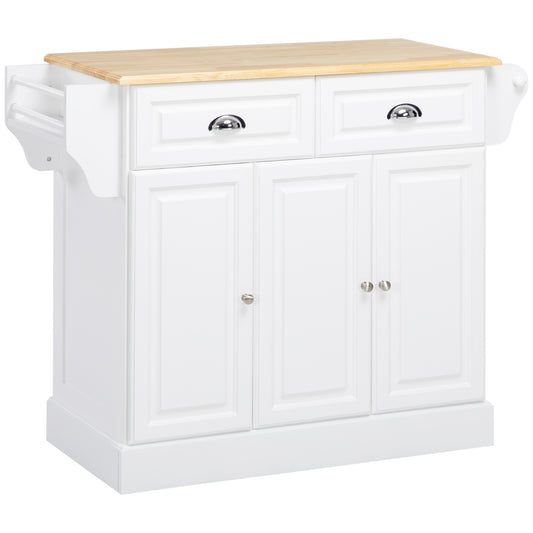 HOMCOM Kitchen Island with Storage Rolling Kitchen Serving Cart with Rubber Wood Top Towel Rack Storage Drawer Cabinet White 4.8