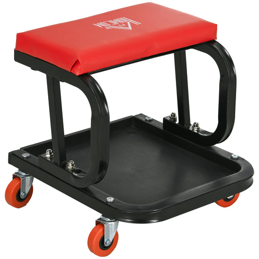 HOMCOM Workshop Stool, Rolling Mechanic Stool with 360 Degree Swivel, Padded Seat, Tool Tray, for Garage, Workshop, Auto Repair, Red 5