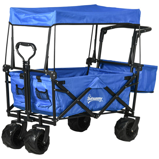 Outsunny Folding Trolley Cart Storage Wagon Beach Trailer 4 Wheels with Handle Overhead Canopy Cart Push Pull for Camping, Blue #9 Top Sellingin Garden Trolleys 4.7
