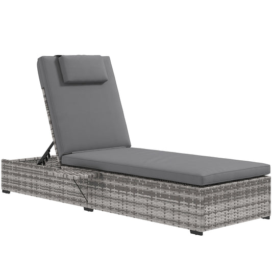 Outsunny Outdoor Patio PE Rattan Lounger with Cushion, 5-Level Reclining Wicker Rattan Sun Lounger with Tea Tray, for Poolside, Patio, Deck, 120kg Weight Capacity, Grey 5